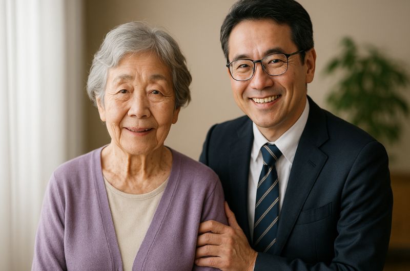 女性スタッフと打ち合わせをする老人