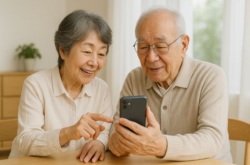 電話をかける老夫婦